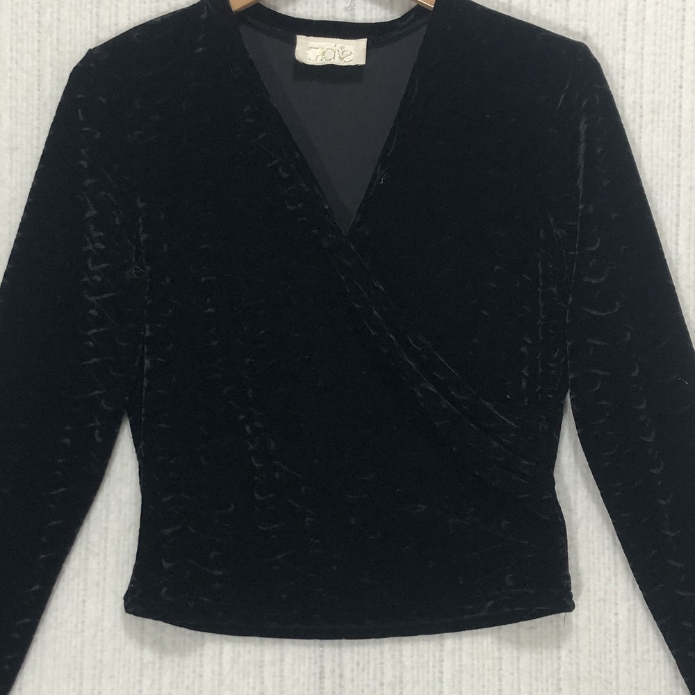 Cache Womens Black Crushed Velvet Wrap Top Long Sleeve V-Neck Made in USA Large